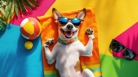 Top view of a smiling dog lying on a colorful beach towel, surrounded by summer props like sunglasses and a ball.の素材