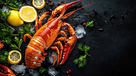 Top view of a spiny lobster on ice, garnished with parsley, lemon slices, and spices, set against a dark background. The image highlights the freshness and premium quality of the seafood.の素材