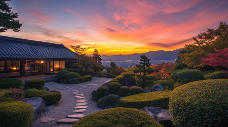 Morning Bliss: The beauty of autumn leaves in the early morning at Atami Plum Garden, Atami City, Shizuoka Prefecture. A serene and colorful dawn.の素材