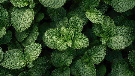 A close-up of mint leaves layered on top of each other, isolated on a white background, creating a lush, green focal point.の素材