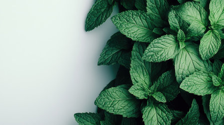 A close-up of mint leaves layered on top of each other, isolated on a white background, creating a lush, green focal point.の素材