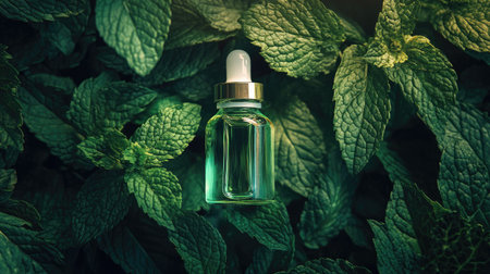 A bottle of mint essential oil resting on a bed of fresh mint leaves, with soft lighting and shadows creating a soothing, organic atmosphere.の素材