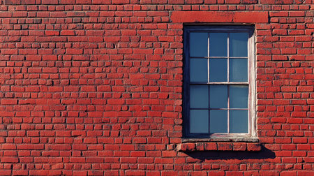 A close-up shot of a red brick wall with a single large window, perfect for a minimalist urban background with a strong focus on texture.の素材
