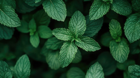 A close-up of the delicate veins on peppermint leaves in an organic garden, capturing the intricate details and natural beauty of the plant.の素材