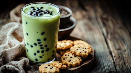 A creamy matcha iced milk tea with green tapioca pearls, served with cookies on a rustic wooden table, perfect for a relaxing snack break.の素材