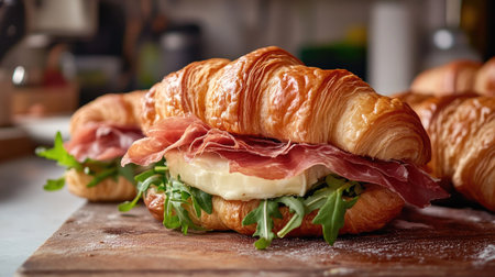 A croissant sandwich being prepared in a kitchen, with prosciutto, camembert, and arugula ready to be placed between the layers of the warm croissant.の素材