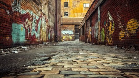 A deserted urban street with an old warehouse on one side, the brick wall covered in faded graffiti, evoking a gritty, industrial atmosphere.の素材