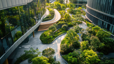 A contemporary office complex with green landscaping, featuring a spacious platform and pathways surrounded by trees and greenery. Perfect for sustainable business themes.の素材