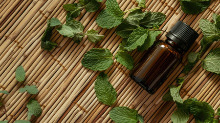 A bottle of mint essential oil with fresh mint leaves scattered around, set on a bamboo mat, creating a serene and natural spa-like atmosphere.の素材