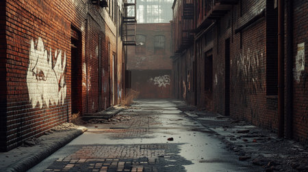 A deserted urban street with an old warehouse on one side, the brick wall covered in faded graffiti, evoking a gritty, industrial atmosphere.の素材