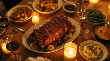 A family dinner table set with a centerpiece of roasted pork shank, surrounded by dishes of sides, candles, and wine glasses.の素材