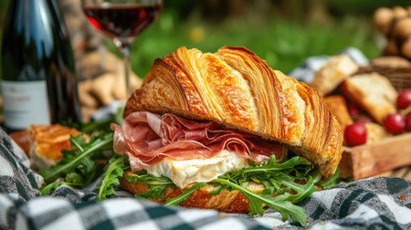 A croissant sandwich with prosciutto, camembert, and arugula served in a picnic setting, with a bottle of wine and a checkered blanket in the background.の素材