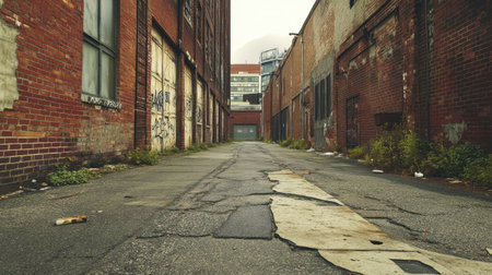 A grunge urban street with an empty warehouse, exposed brick walls, and cracked pavement, evoking a sense of abandonment and decay.の素材