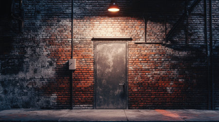 A grunge-style street with an industrial brick wall, harsh shadows from overhead lighting, and a single metal door, creating a moody urban scene.の素材