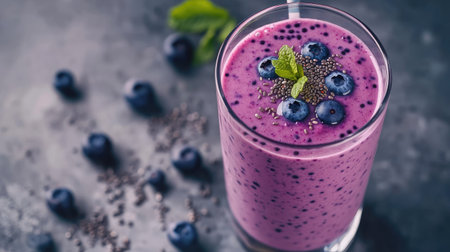 A glass of thick blueberry, banana, and chia seed smoothie with yogurt, set on a gray concrete surface. A perfect healthy drink.の素材