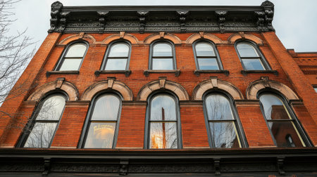 A historic red brick building with ornate windows, showcasing the architectural details and charm of an old city neighborhood.の素材