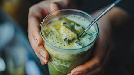 A hands-on shot of someone stirring an iced matcha latte, with the green matcha blending into the milk, emphasizing the drink's rich color and texture.の素材