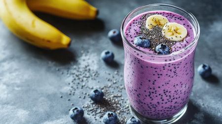 A healthy blueberry and banana smoothie with chia seeds and yogurt, served in a glass on a gray concrete surface.の素材