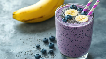 A glass of thick blueberry, banana, and chia seed smoothie with yogurt, set on a gray concrete surface. A perfect healthy drink.の素材