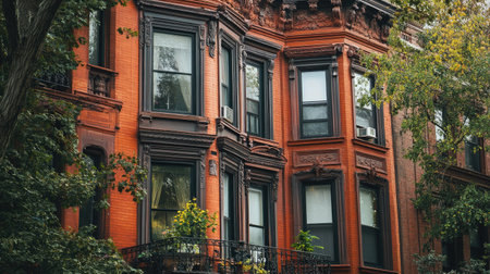 A historic red brick building with ornate windows, showcasing the architectural details and charm of an old city neighborhood.の素材