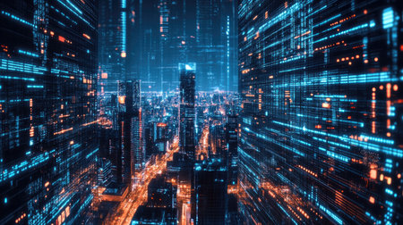 A modern city at night, illuminated by glowing skyscrapers and high-tech digital displays. A premium background for showcasing the latest technology trends.の素材
