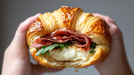 A hands-on shot of someone taking a bite from a croissant sandwich filled with camembert, prosciutto, and arugula, with crumbs falling.の素材