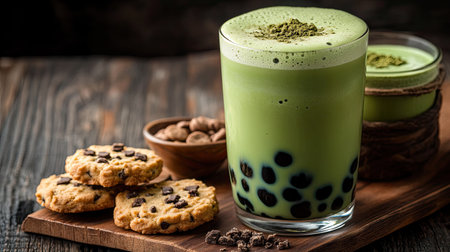 A matcha latte milk tea with vibrant green boba pearls, accompanied by cookies on a wooden table, ideal for showcasing a delicious drink and snack pairing.の素材