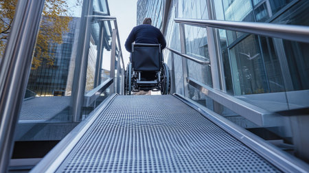 A modern wheelchair ramp with stainless steel bars, providing safe access to a public building, with a person in a wheelchair being assisted up the ramp.の素材
