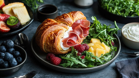 A healthy breakfast spread featuring a croissant sandwich with prosciutto, camembert, and arugula, alongside fresh fruit and yogurt.の素材