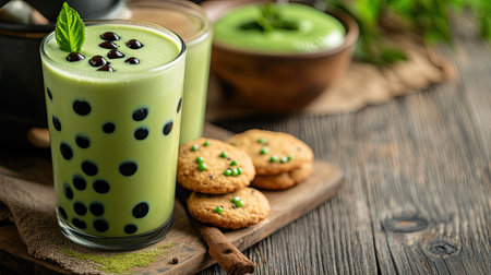 A matcha latte milk tea with green boba pearls and a side of cookies, placed on a rustic wooden table. Perfect for capturing the essence of a cozy tea moment.の素材