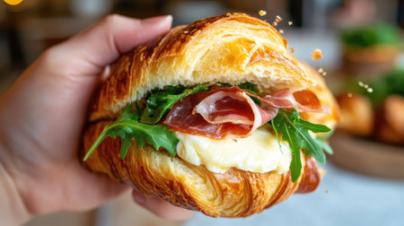 A hands-on shot of someone taking a bite from a croissant sandwich filled with camembert, prosciutto, and arugula, with crumbs falling.の素材