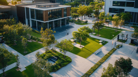 A modern commercial space with a central platform, surrounded by lush green lawns, landscaped gardens, and sustainable office buildings. Perfect for eco-friendly business presentations.の素材