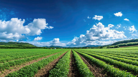 A panoramic view of a carrot field under a vivid blue sky, with lush green tops filling the scene. Ideal for capturing the beauty of nature and farming.の素材