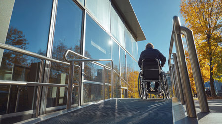 A modern wheelchair ramp with stainless steel bars, providing safe access to a public building, with a person in a wheelchair being assisted up the ramp.の素材