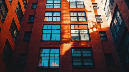 A red brick urban building with multiple floors, each with large windows, casting shadows and reflecting the sky, creating a dynamic urban backdrop.の素材