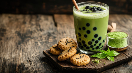 A refreshing matcha latte bubble tea with green boba tapioca pearls, served alongside cookies on a rustic wooden table. Perfect for showcasing a cozy tea break.の素材
