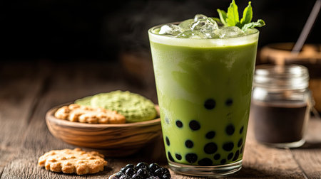 A refreshing matcha iced milk tea with green boba tapioca pearls and cookies on a wooden table, highlighting the contrast of colors and textures.の素材