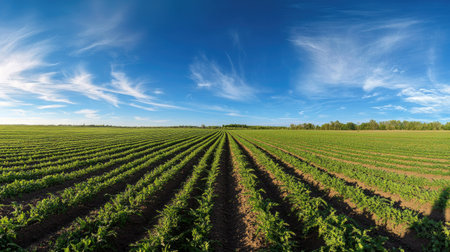 A sweeping shot of a carrot field under a bright blue sky, with endless rows of green tops. Ideal for showcasing the beauty and abundance of nature.の素材