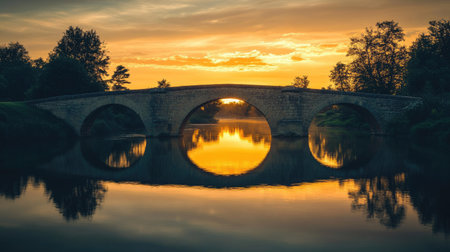 A stone bridge casting a long shadow over a calm river at sunset, with the silhouette of trees in the background, creating a serene and moody scene.の素材