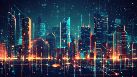 A technologically advanced city at night with glowing skyscrapers and a bustling, high-tech vibe. Perfect for premium backgrounds in tech and innovation.の素材