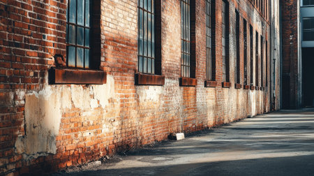 A side view of a long brick wall in an industrial area, with rusted metal fixtures and a grungy street, creating a raw, urban feel.の素材