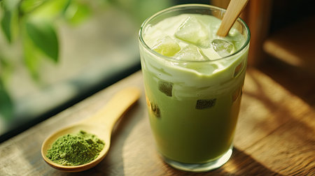 A traditional Japanese iced matcha latte in a clear glass, with a wooden spoon and fresh matcha powder on the side, capturing the essence of Uji tea.の素材