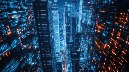A stunning nighttime cityscape showcasing sleek, illuminated skyscrapers with glowing windows and advanced tech infrastructure. Ideal for premium tech backgrounds.の素材