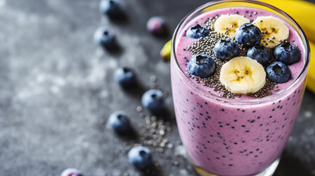 A refreshing smoothie of blueberries, banana, chia seeds, and yogurt in a glass, placed on a sleek gray concrete background.の素材