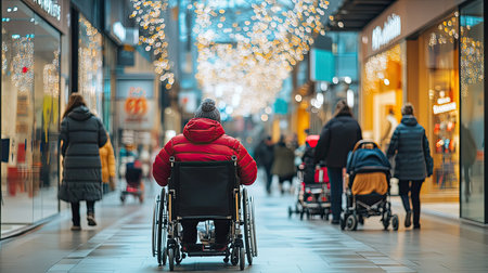 A slope walkway in a shopping area, with a person in a wheelchair being pushed up the ramp, alongside others using strollers and carts.の素材