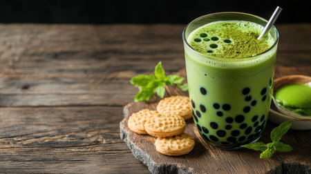 A refreshing matcha latte with green boba pearls and cookies on a wooden table, creating a cozy and inviting tea time setting.の素材
