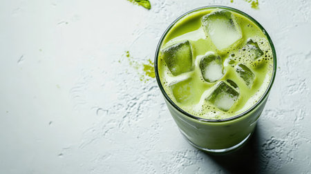 A vibrant green iced matcha latte, with ice cubes floating in the creamy drink, set against a clean white background for a modern and refreshing look.の素材