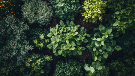A top-down view of an organic garden filled with fresh peppermint trees, surrounded by other herbs and vegetables, creating a thriving natural environment.の素材