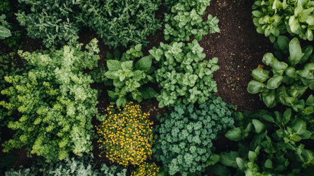 A top-down view of an organic garden filled with fresh peppermint trees, surrounded by other herbs and vegetables, creating a thriving natural environment.の素材