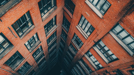A top-down view of a red brick urban building with multiple windows, capturing the geometric patterns created by the bricks and window frames.の素材